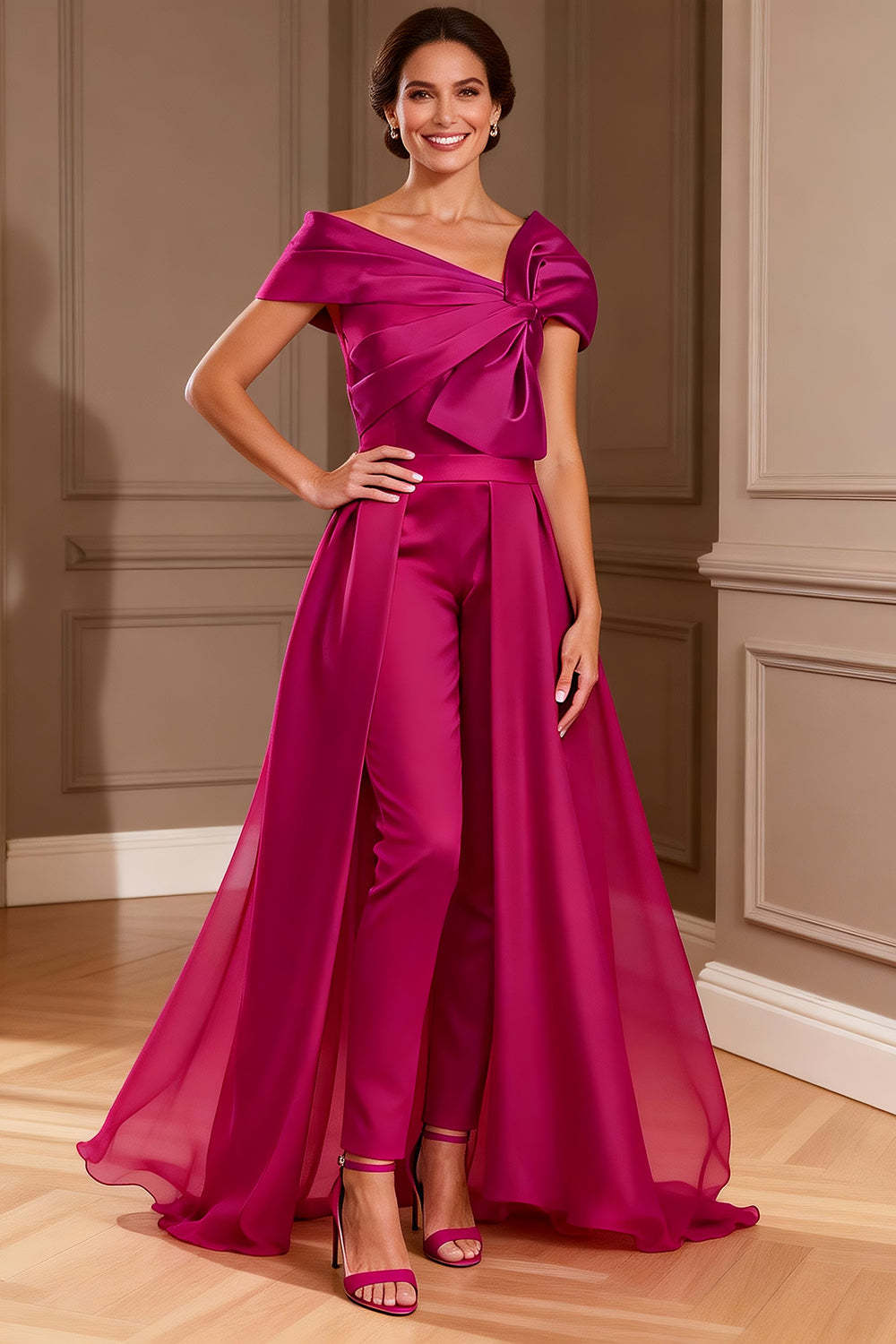 Leely Women Fuchsia Long Mother of the Bride Jumpsuits with Cape Ruched Asymmetrical Neck Mother of the Groom Pant Suits with Bow