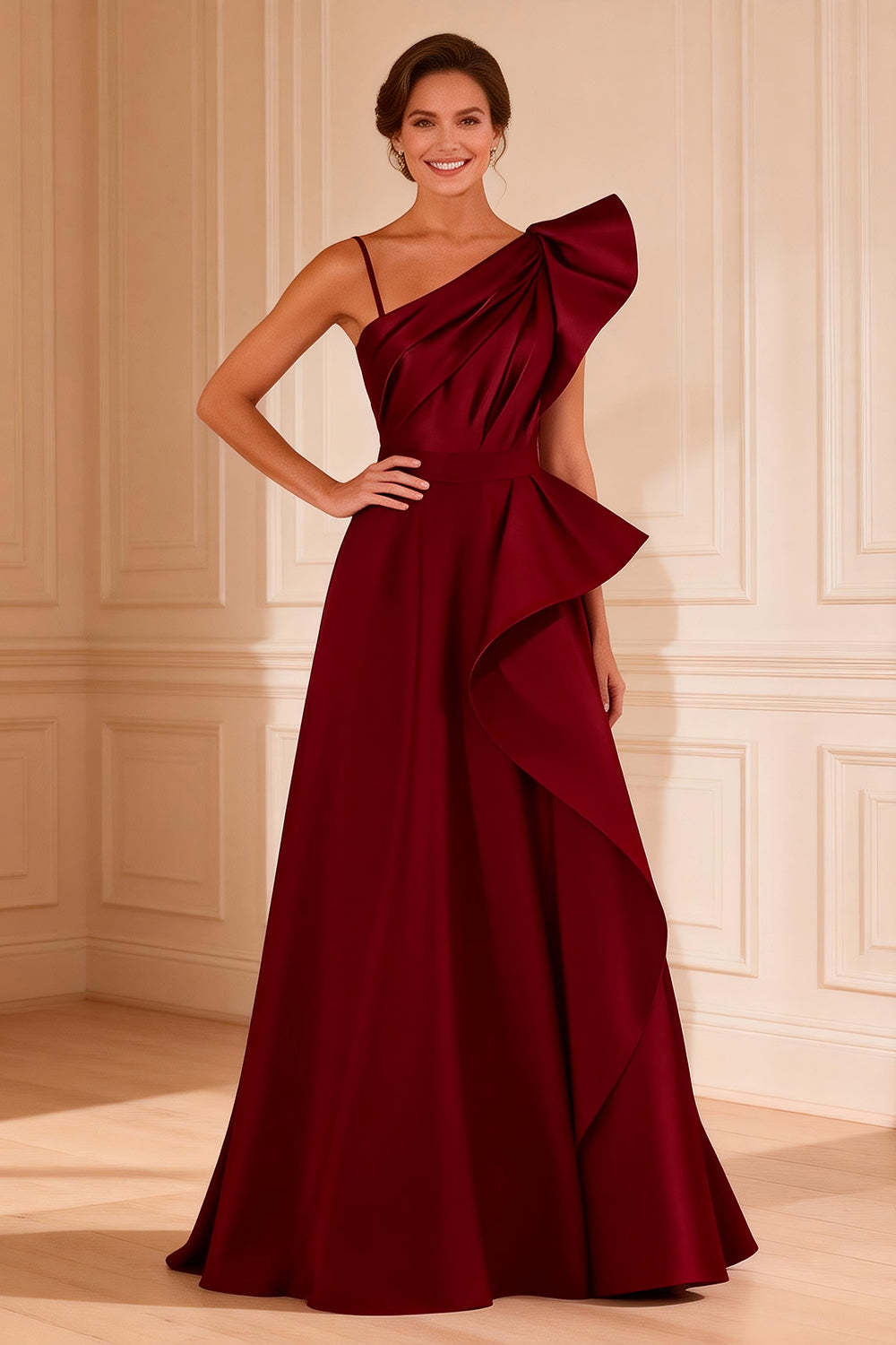 Leely Women Burgundy Long Mother of the Bride Dress Ruffled Ruched A Line Wedding Guest Dress