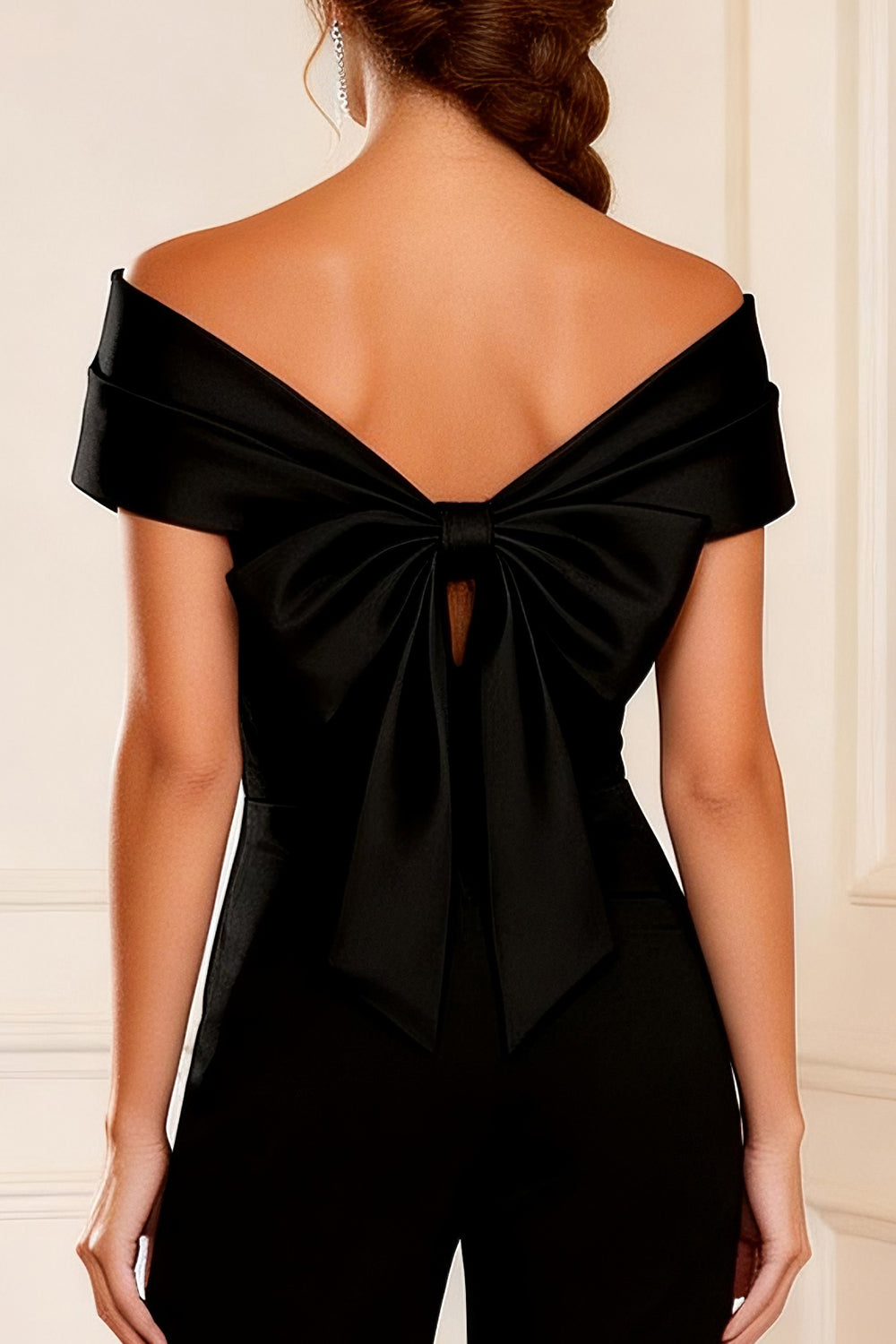 Simple Black Asymmetrical Neck Mother of the Bride Jumpsuits with Bow