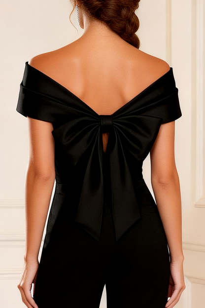 Simple Black Asymmetrical Neck Mother of the Bride Jumpsuits with Bow