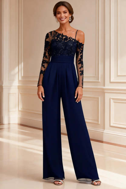 Leely Women Sparkly Navy Long Mother of the Bride Jumpsuits with Lace Beaded Asymmetrical Neck Appliqued Mother of the Groom Pant Suits