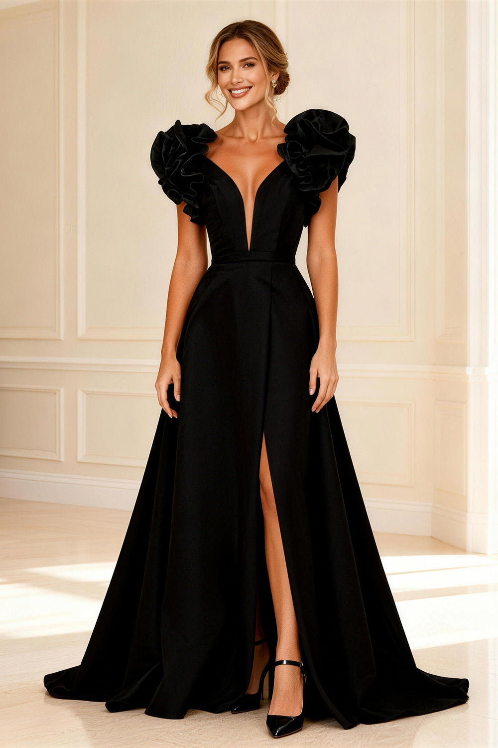 Black Deep V-Neck Ruffled Long Mother of the Bride Dress with Slit