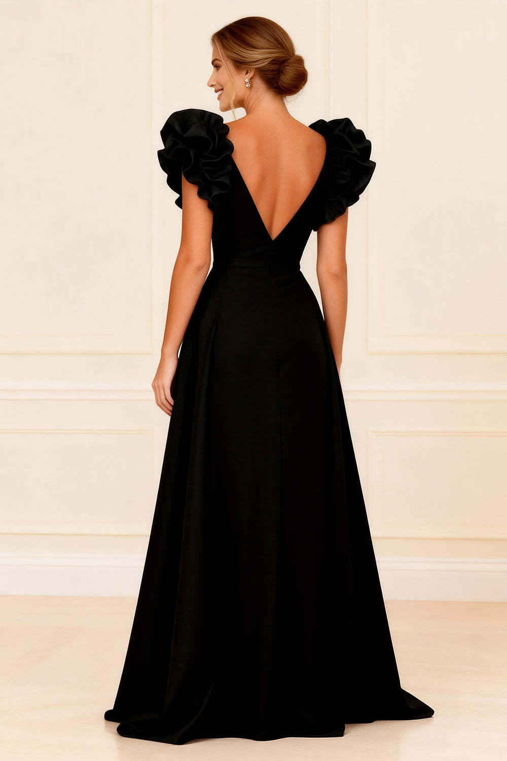 Black Deep V-Neck Ruffled Long Mother of the Bride Dress with Slit