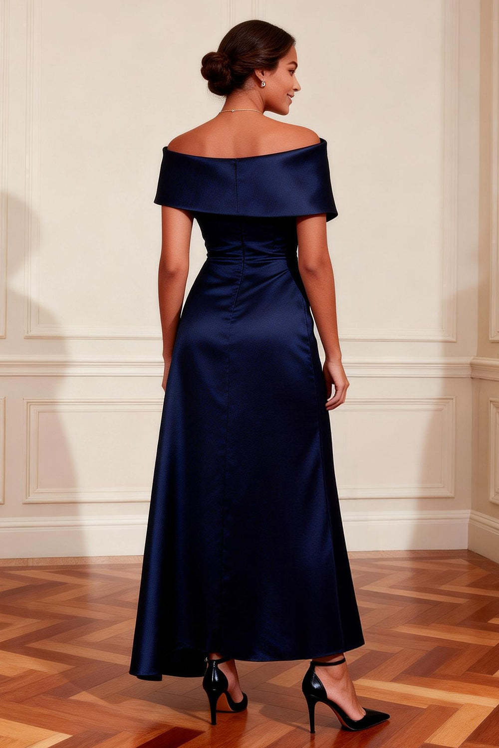 Navy Off the Shoulder A-Line Long Mother of the Bride Dress with Slit