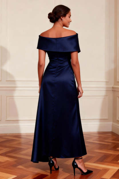 Navy Off the Shoulder A-Line Long Mother of the Bride Dress with Slit