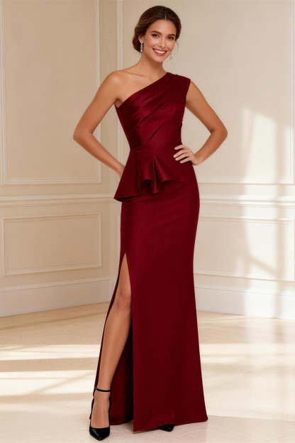 Leely Women Burgundy Long Mother of the Bride Dress with Slit Rufffled Ruched Mermaid One Shoulder Wedding Guest Dress