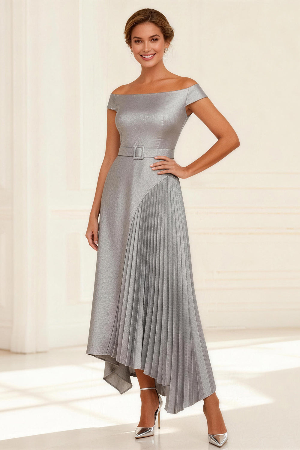 Leely Women Silver Pleated Asymmetrical Mother of the Bride Dress with Belt A-Line Off the Shoulder Wedding Guest Dress