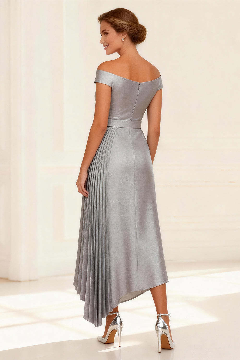 Silver A-Line Pleated Asymmetrical Mother of the Bride Dress with Belt
