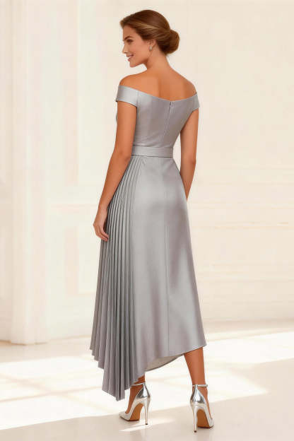 Silver A-Line Pleated Asymmetrical Mother of the Bride Dress with Belt