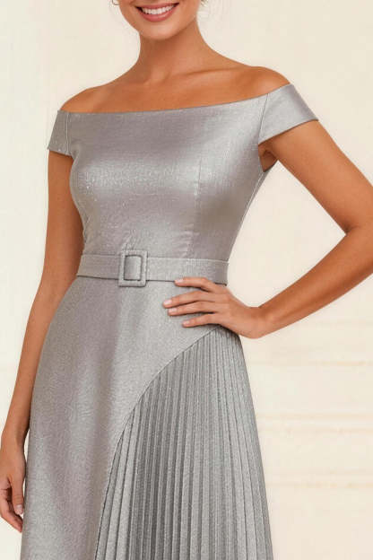 Silver A-Line Pleated Asymmetrical Mother of the Bride Dress with Belt