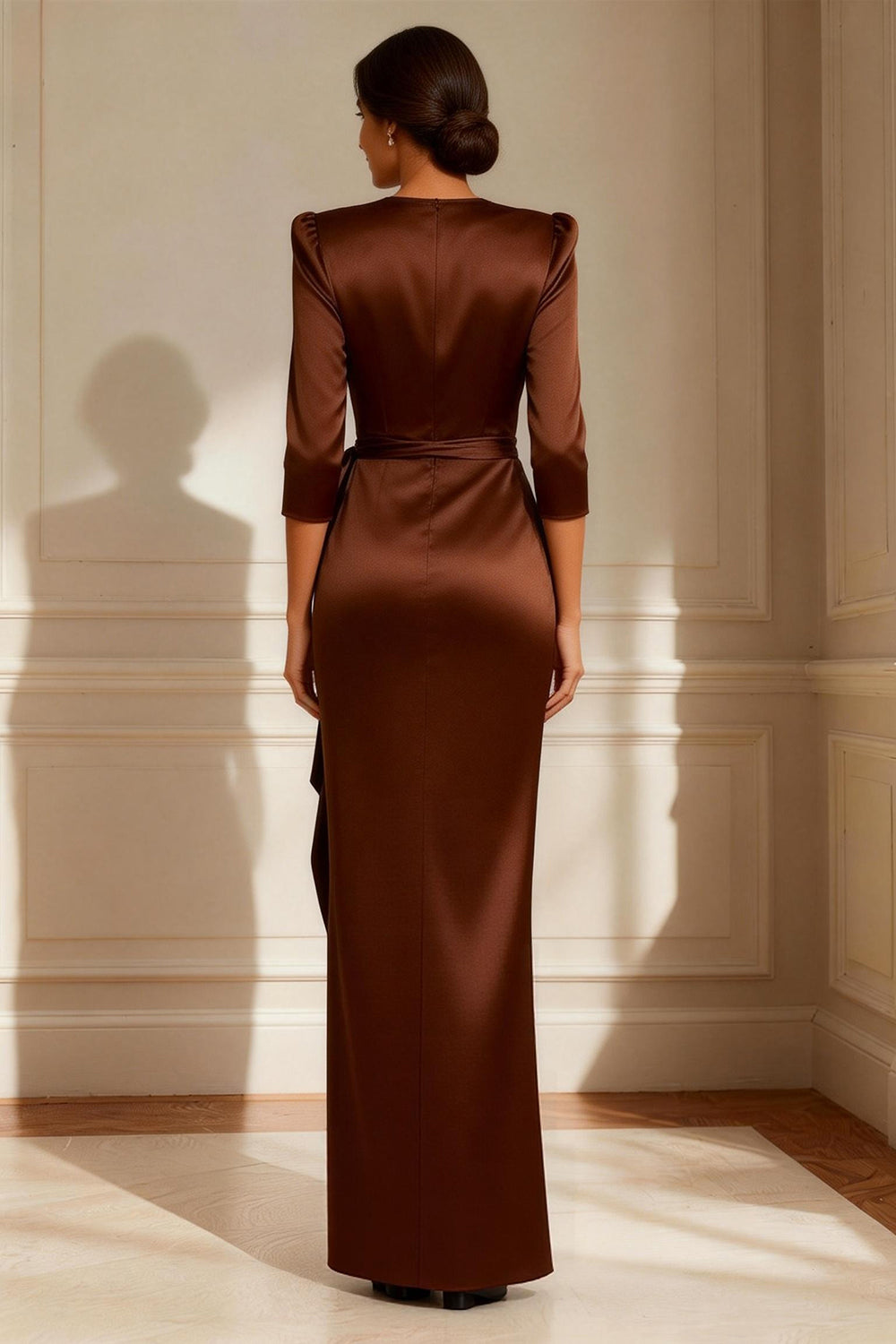 Chocolate Crew Neck Long Mother of the Bride Dress with Slit