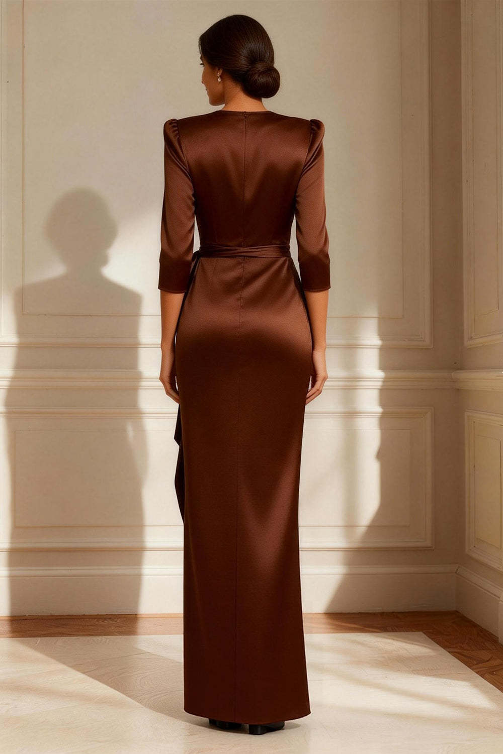 Chocolate Crew Neck Long Mother of the Bride Dress with Slit