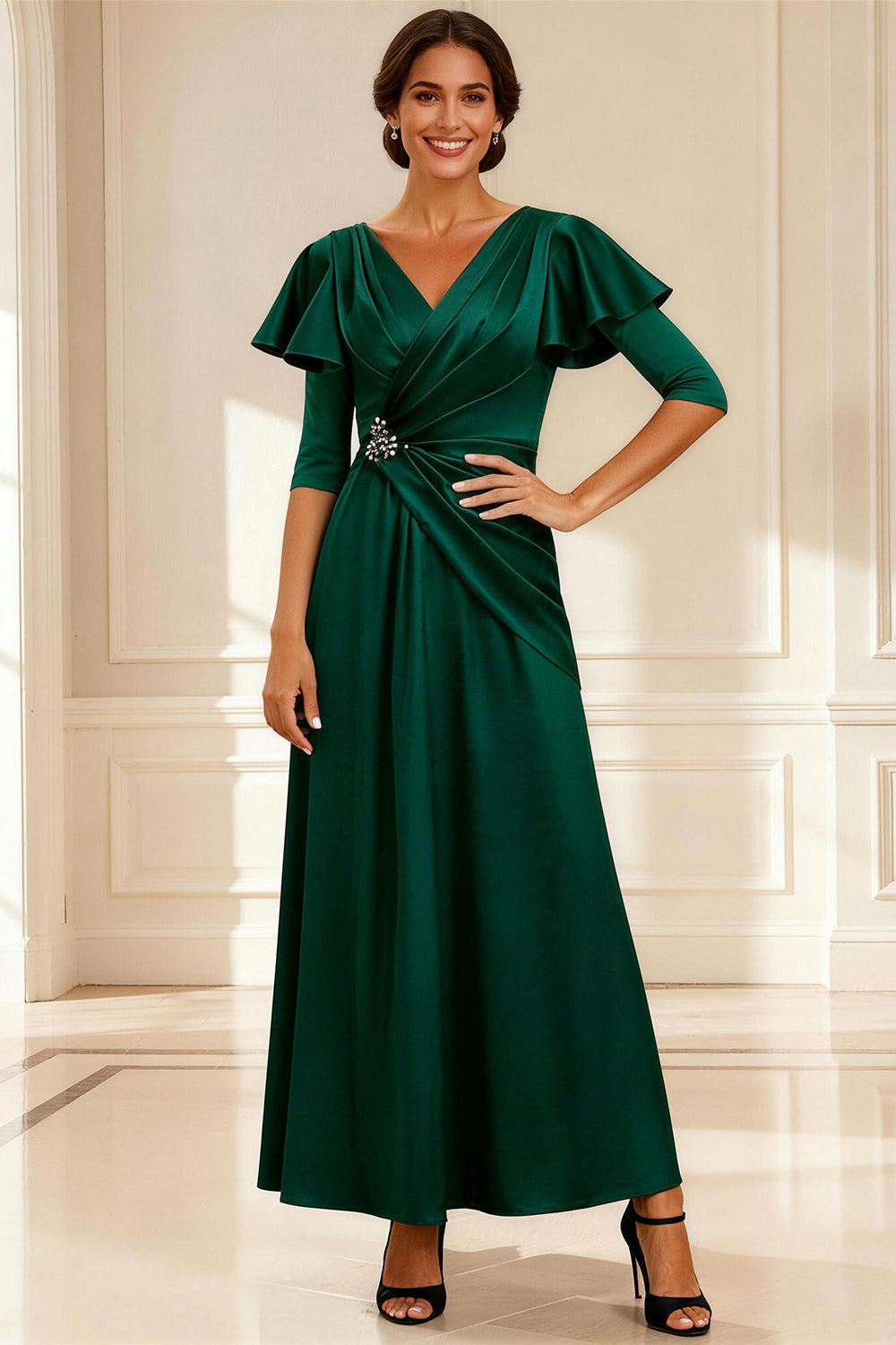Leely Women Sparkly Dark Green Long Mother of the Bride Dress with Beading V-Neck A-Line Ruched Wedding Guest Dress with Sleeves