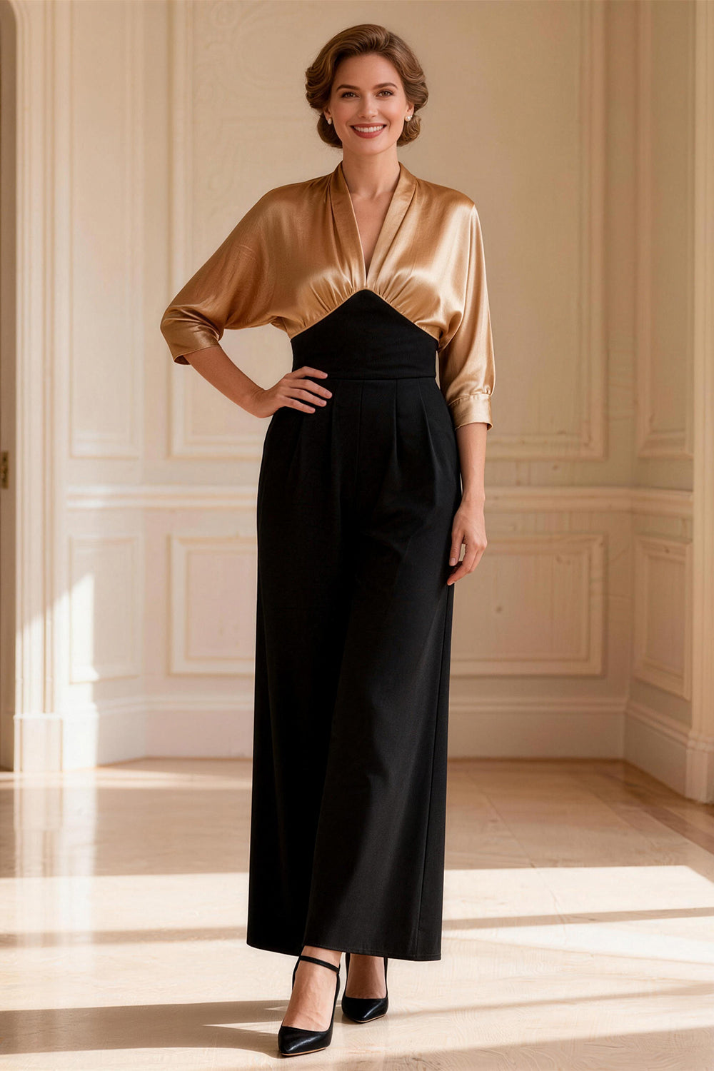 Leely Women Black and Champagne Long Mother of the Bride Dress V-Neck 3/4 Sleeves Mother of the Groom Dress