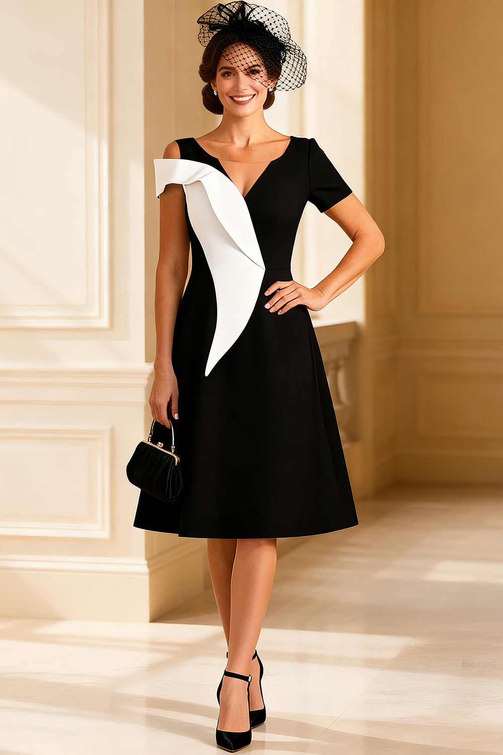Black and White A Line V Neck Midi Mother of the Bride Dress