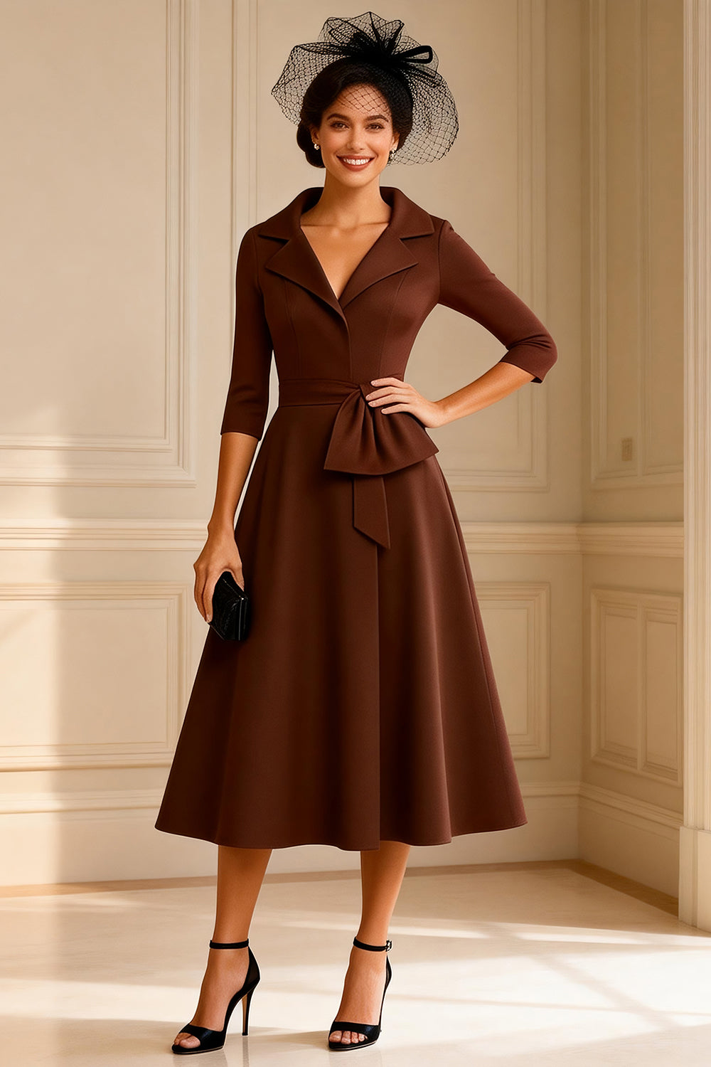 Leely Women Chocolate Midi Mother of the Bride Dress with Sash A Line Notched Lapel Mother of the Groom Dress