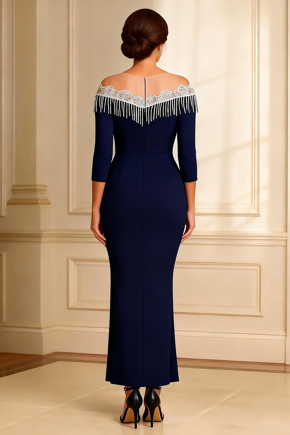 Sparkly Navy Illusion Round Neck Sheath Maxi Mother of the Bride Dress with Slit