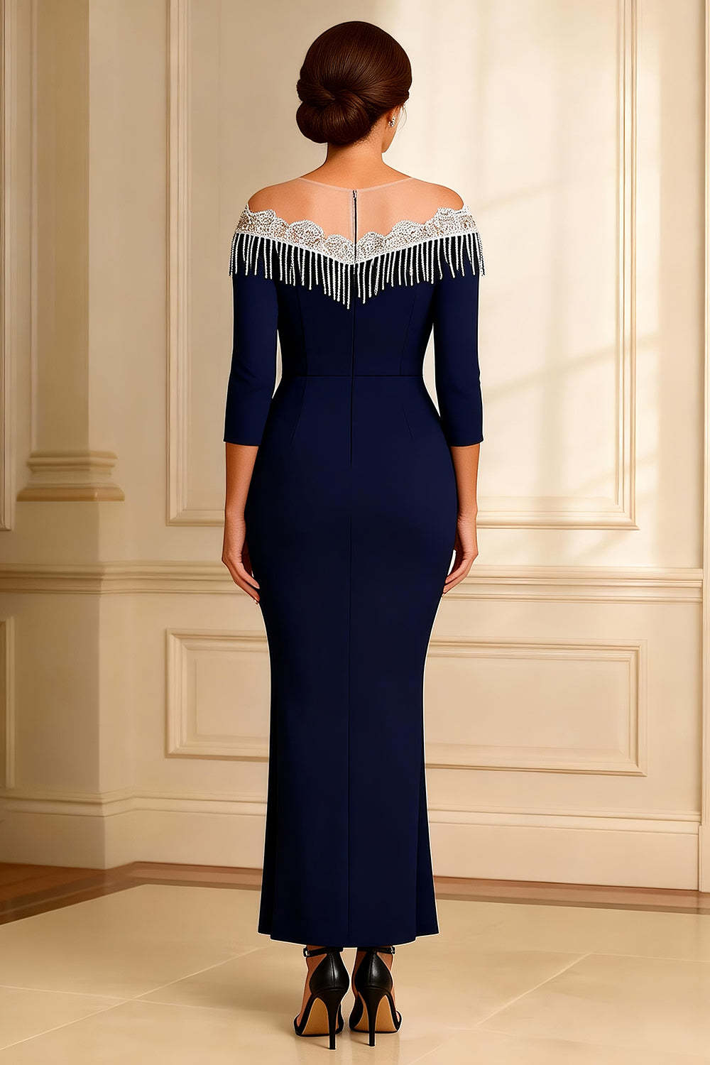 Sparkly Navy Illusion Round Neck Sheath Maxi Mother of the Bride Dress with Slit