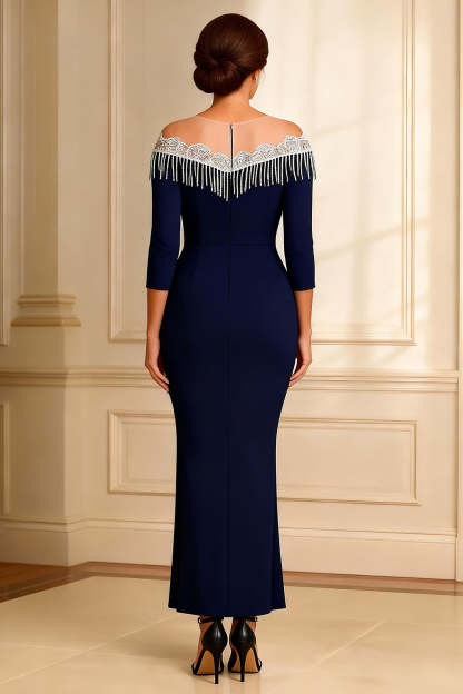 Sparkly Navy Illusion Round Neck Sheath Maxi Mother of the Bride Dress with Slit