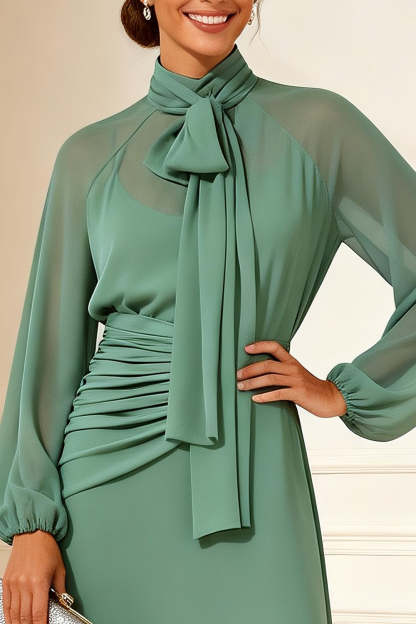 Sage Green Chiffon A Line Long Mother of the Bride Dress with Sleeves