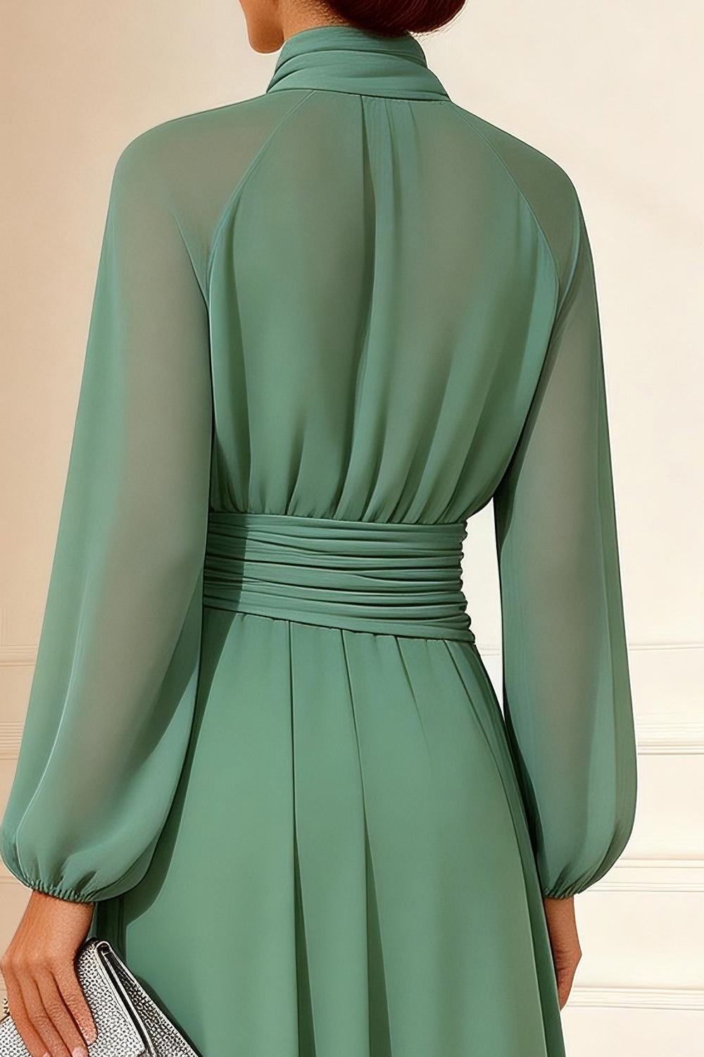 Sage Green Chiffon A Line Long Mother of the Bride Dress with Sleeves