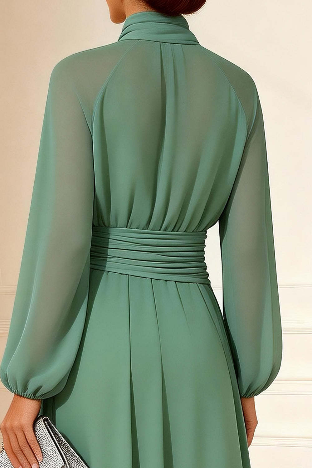 Sage Green Chiffon A Line Long Mother of the Bride Dress with Sleeves