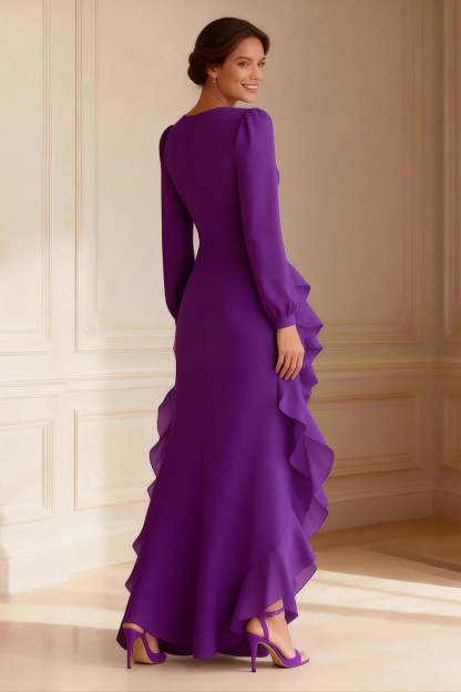 Purple Ruffled Asymmetrical Mother of the Bride Dress with Slit