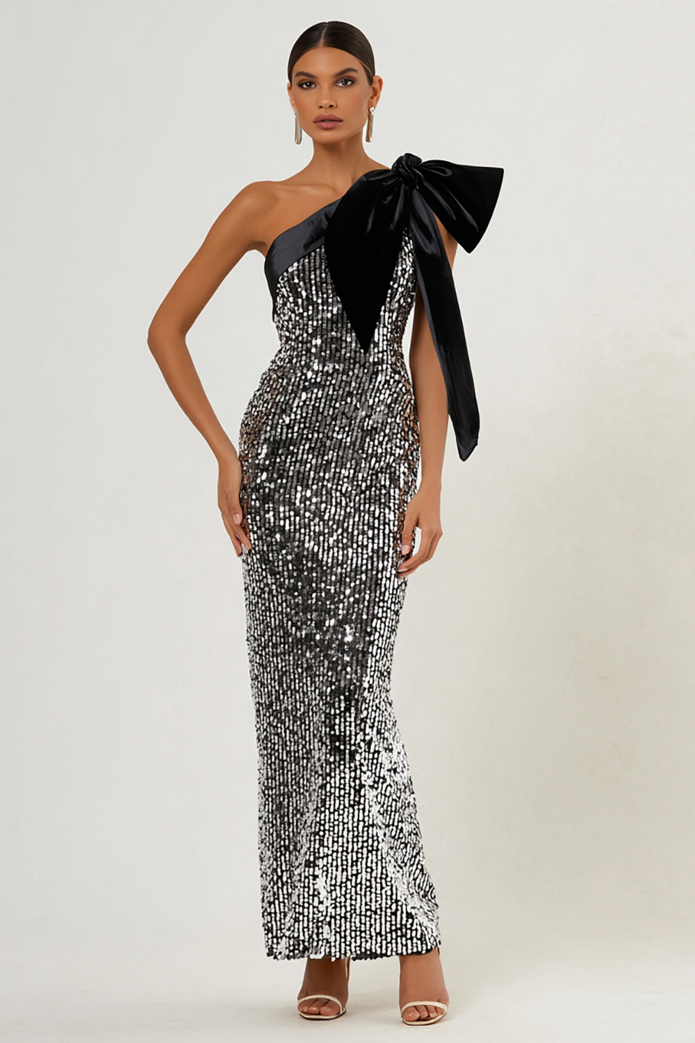 Leely Women Sparkly Light Grey Sequin Maxi Formal Dress with Bow One Shoulder Mermaid Gala Dress Leely Women Sparkly Light Grey Sequin Maxi Formal Dress with Bow One Shoulder Mermaid Gala Dress