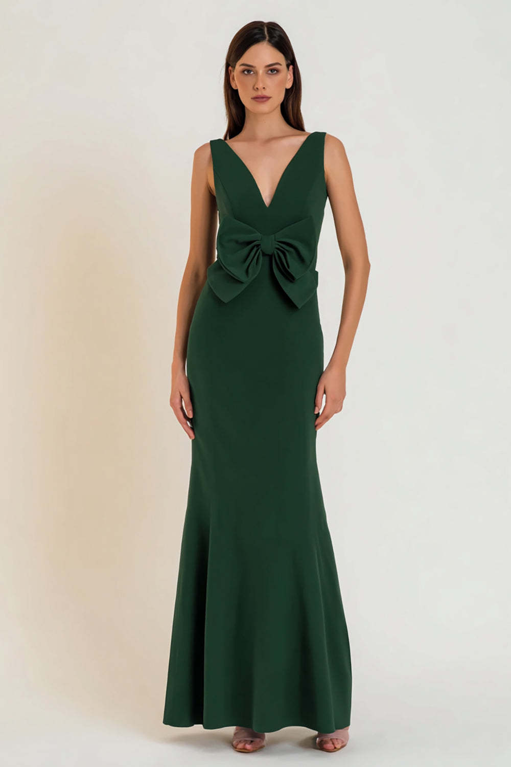 Leely Women Dark Green Mermaid Maxi Formal Dress with Bow Satin V-Neck Evening Dress