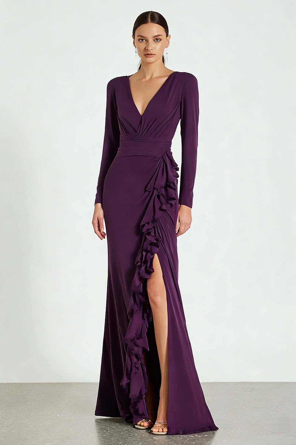 Leely Women Plum Ruffled Maxi Formal Dress with Slit V-Neck Satin Sheath Evening Dress with Sleeves