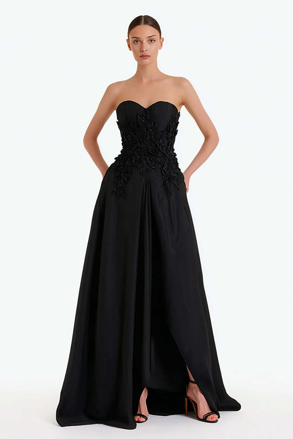 Leely Women Floral Satin Maxi Formal Dress with Slit Sweetheart Strapless A Line Black Tie Dress with Appliques