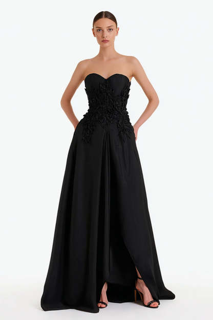Leely Women Floral Satin Maxi Formal Dress with Slit Sweetheart Strapless A Line Black Tie Dress with Appliques