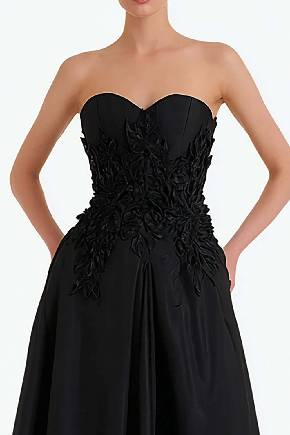 Floral Black Satin Long Sweetheart Formal Dress with Slit
