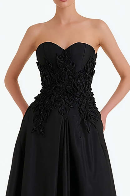 Floral Black Satin Long Sweetheart Formal Dress with Slit