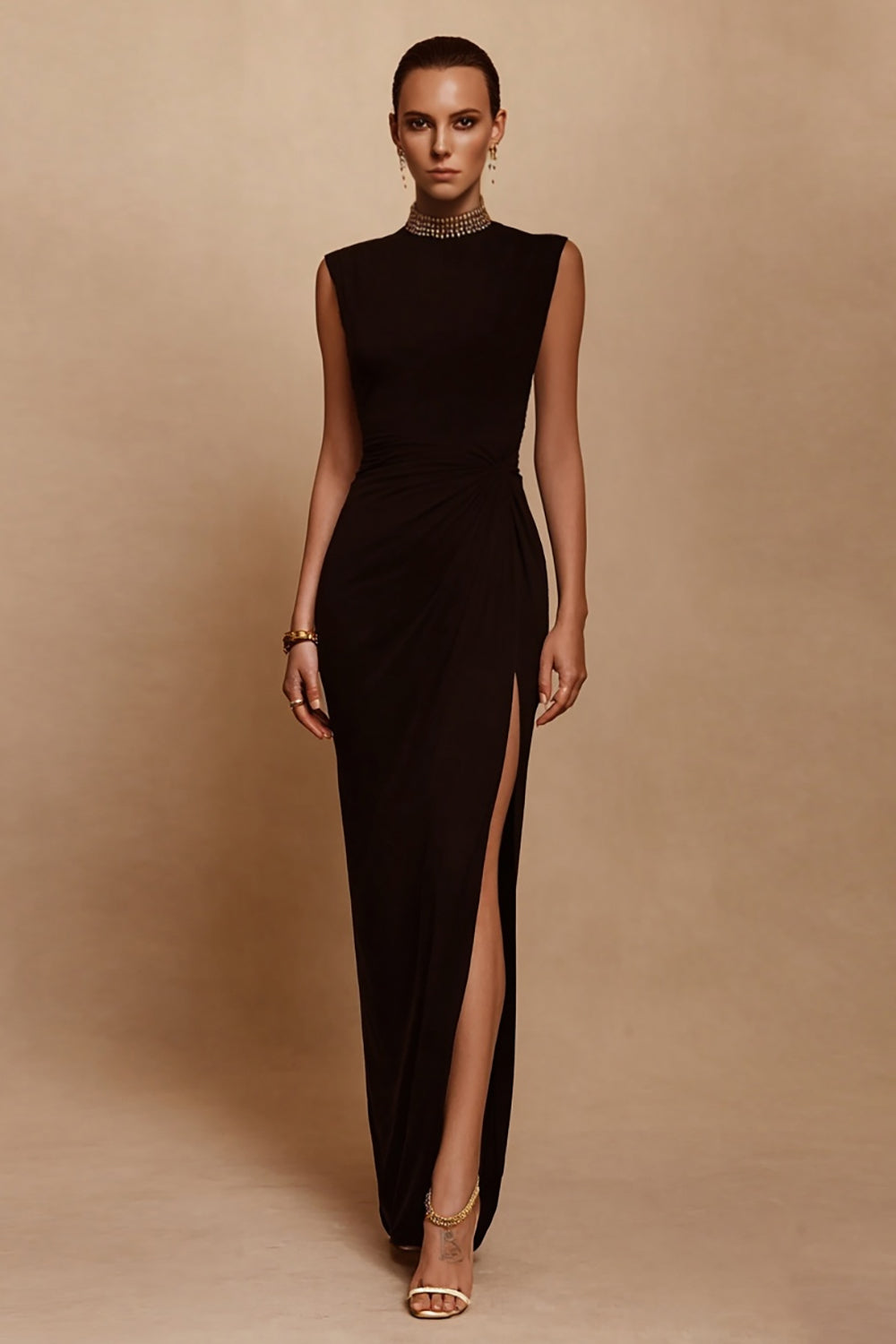 Sparkly Black Sheath Long Satin Formal Dress with Slit