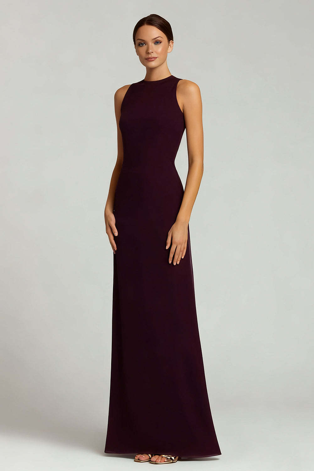 Leely Women Burgundy Satin Long Formal Dress Sheath Crew Neck Evening Dress