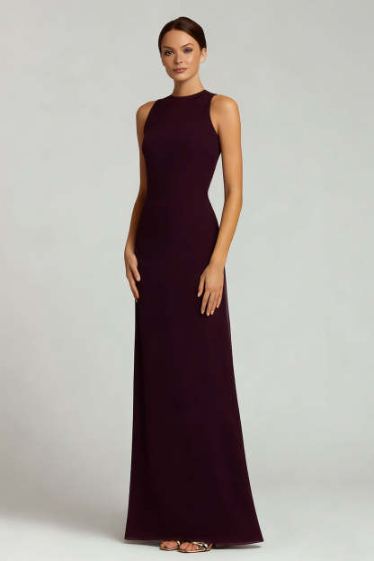 Leely Women Burgundy Satin Long Formal Dress Sheath Crew Neck Evening Dress