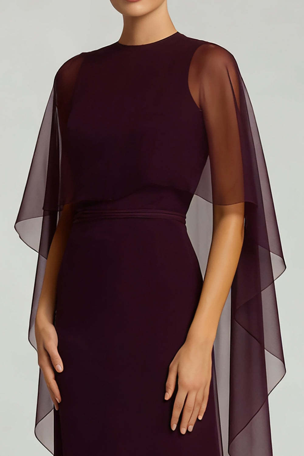 Burgundy Chiffon Sheath Crew Neck Long Formal Dress with Cape