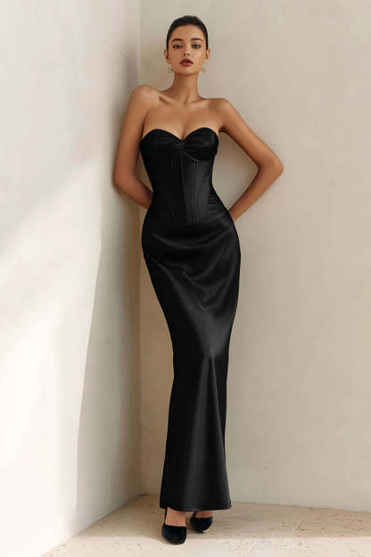 Leely Women Satin Maxi Corset Formal Dress Mermaid Sweetheart Strapless Black Tie Dress