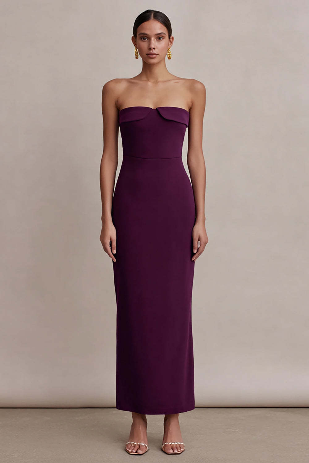 Leely Women Plum Satin Long Formal Dress Sheath Strapless Wedding Guest Dress