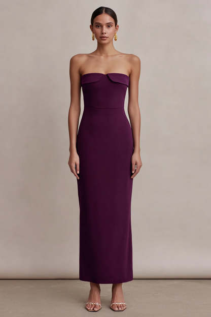 Leely Women Plum Satin Long Formal Dress Sheath Strapless Wedding Guest Dress