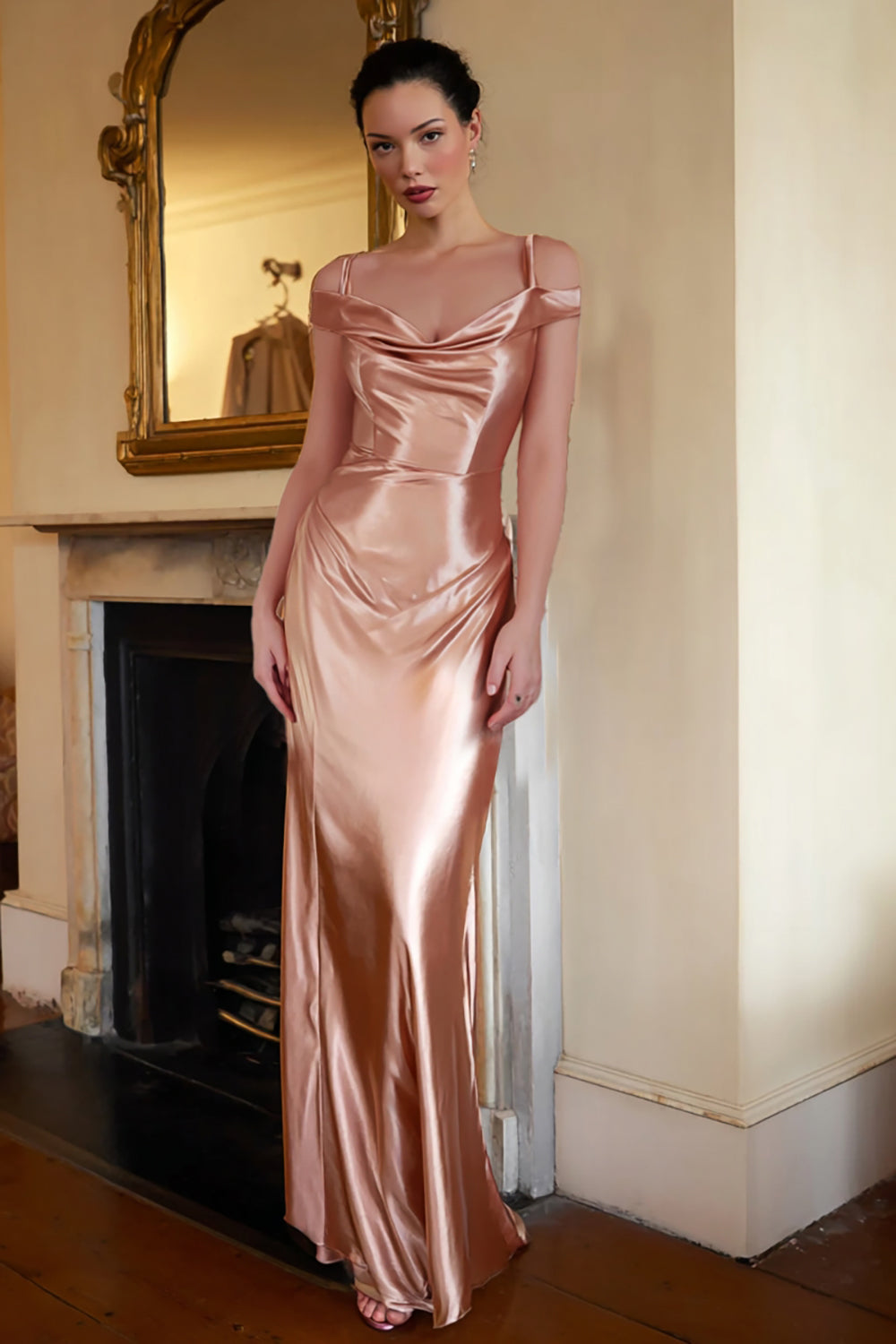 Leely Women Champagne Satin Long Formal Dress Cold Shoulder Ruched Sheath Bridesmaid Dress