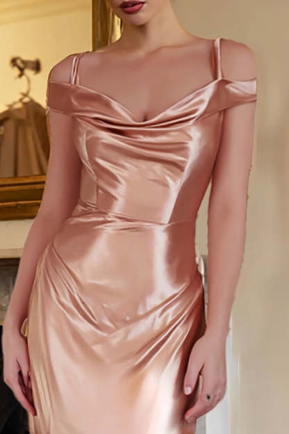 Champagne Satin Cold Shoulder Sheath Long Formal Dress