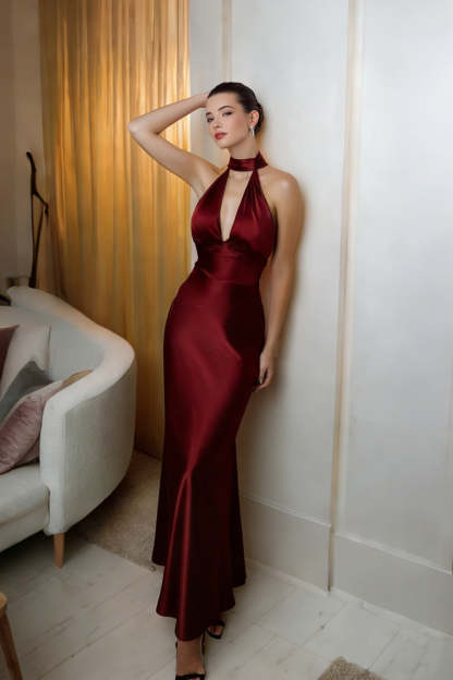 Leely Women Burgundy Satin Maxi Formal Dress Halter Neck Sheath Keyhole Wedding Guest Dress