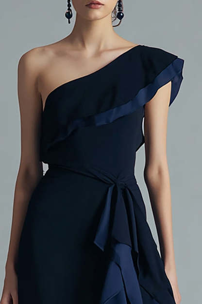 Black and Navy Chiffon One Shoulder Asymmetrical Formal Dress