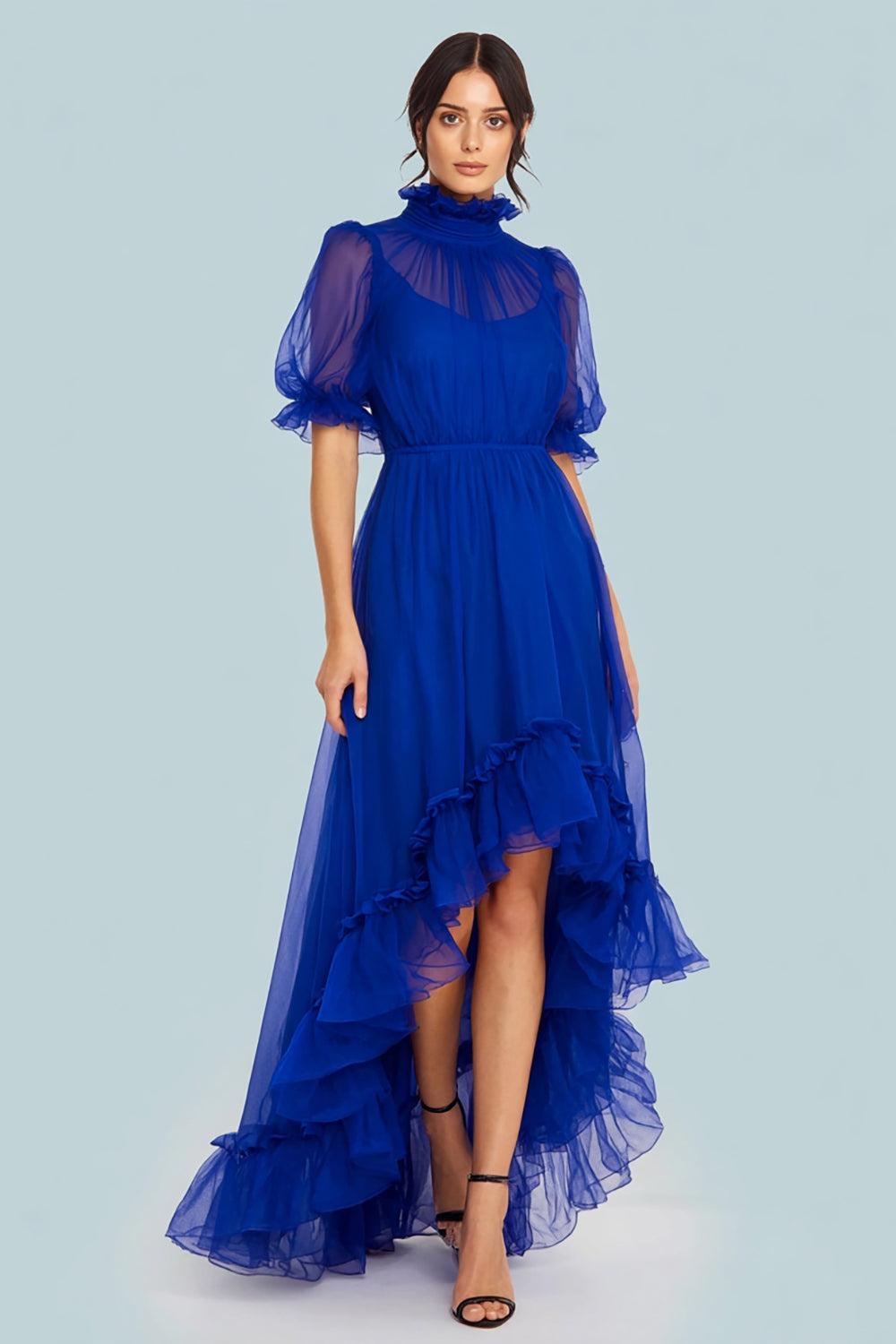 Leely Women Royal Blue Tulle Formal Dress with Sleeves High Neck A Line High Low Wedding Guest Dress with Ruffles