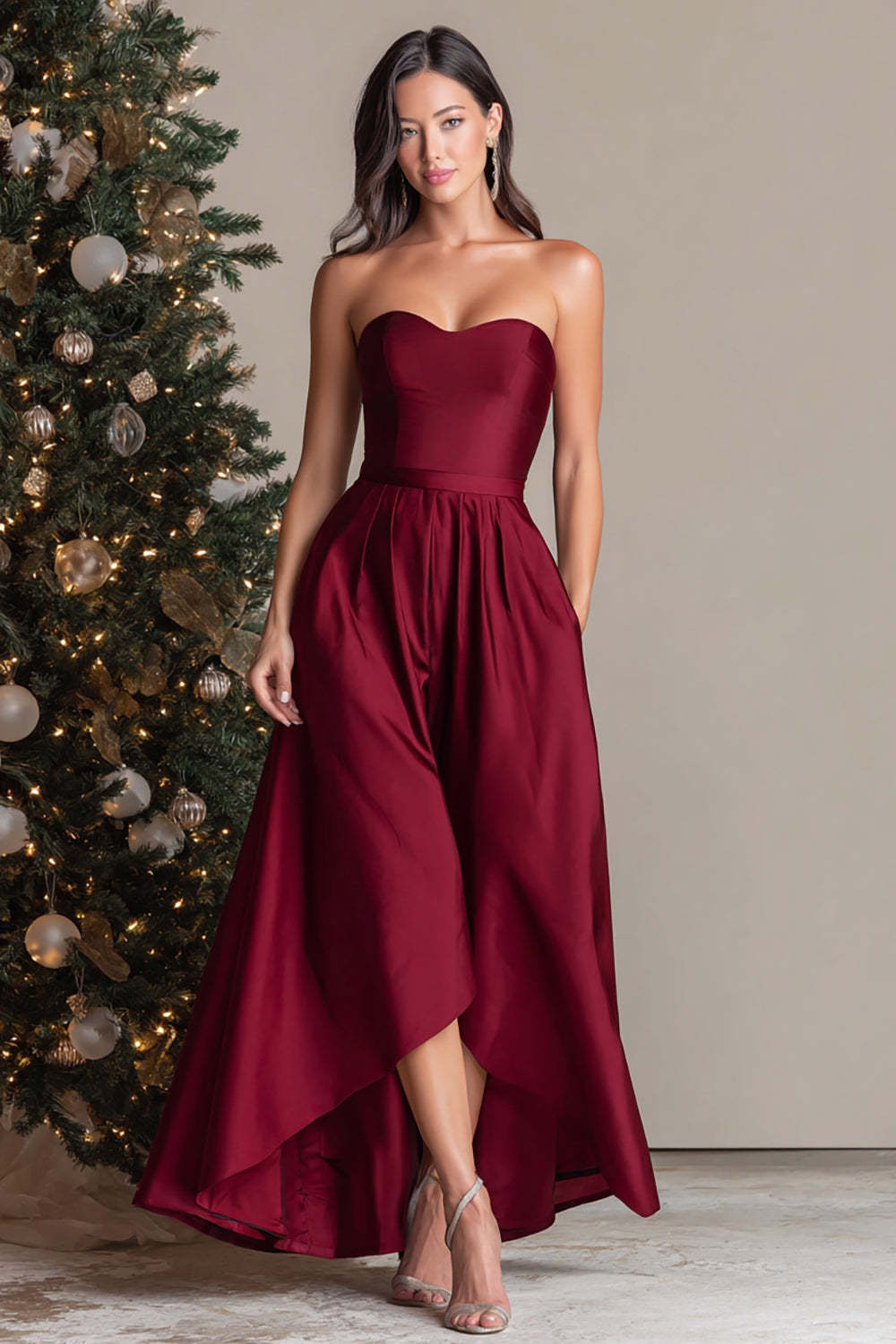 Leely Women Burgundy Satin Formal Dress Strapless Sweetheart Asymmetrical A Line Wedding Guest Dress
