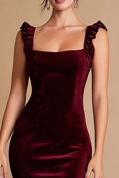Burgundy Mermaid Square Neck Midi Formal Dress with Ruffles