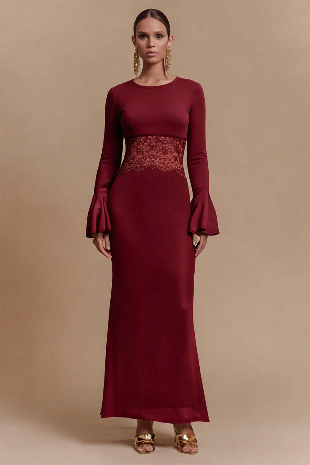 Leely Women Burgundy Satin Long Formal Dress with Lace Flutter Sleeves Sheath Jewel Neck Wedding Guest Dress