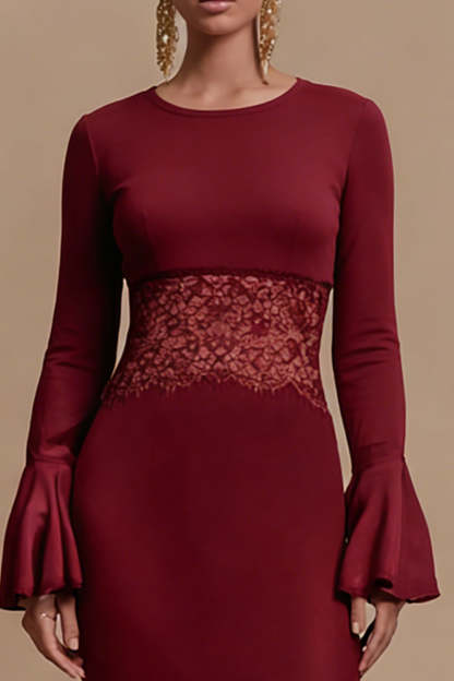 Burgundy Jewel Neck Satin Long Sleeves Formal Dress with Lace